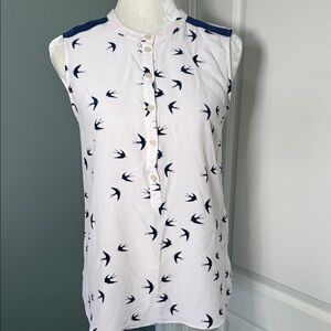 Kate Spade Sleeveless Bird Print Button Front Blouse Pink Navy Size Small